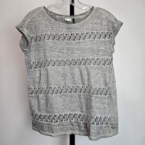 Akemi Kin Anthropologie Linen Short Sleeve Top Shirt Crochet Lace Stripe Gray